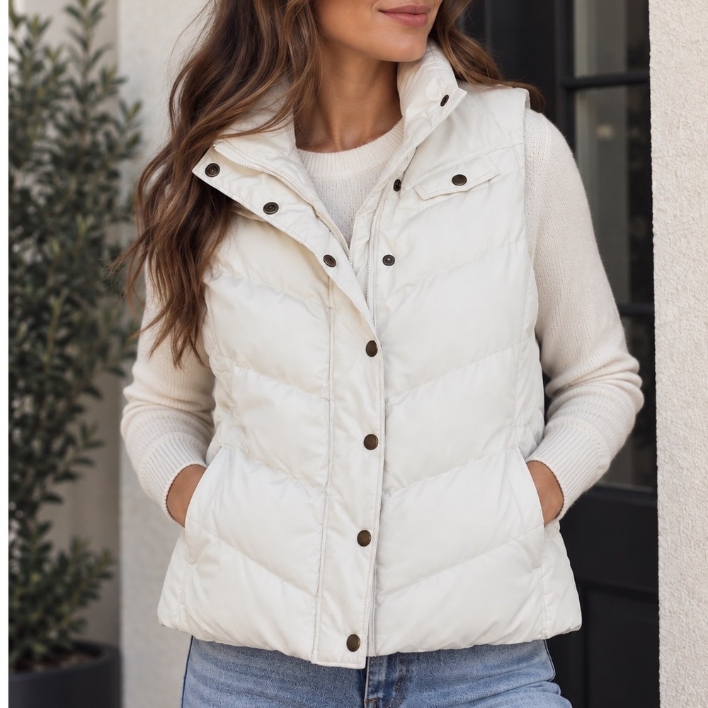Banana Republic Womens Off White Sherpa Lined Puffer Vest Ivory Quilted Medium
